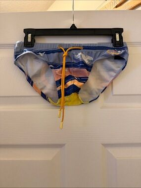 Men's Multicolor Stripe Swim Trunks with Yellow Drawstring EUC
